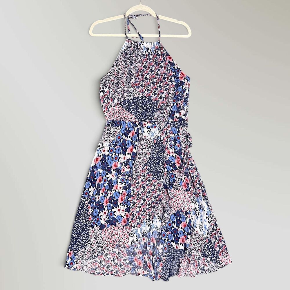 Copper Key Midi Dress Red Blue Wrap Patchwork Gauze Crinkle Boho Cottage Sz Med